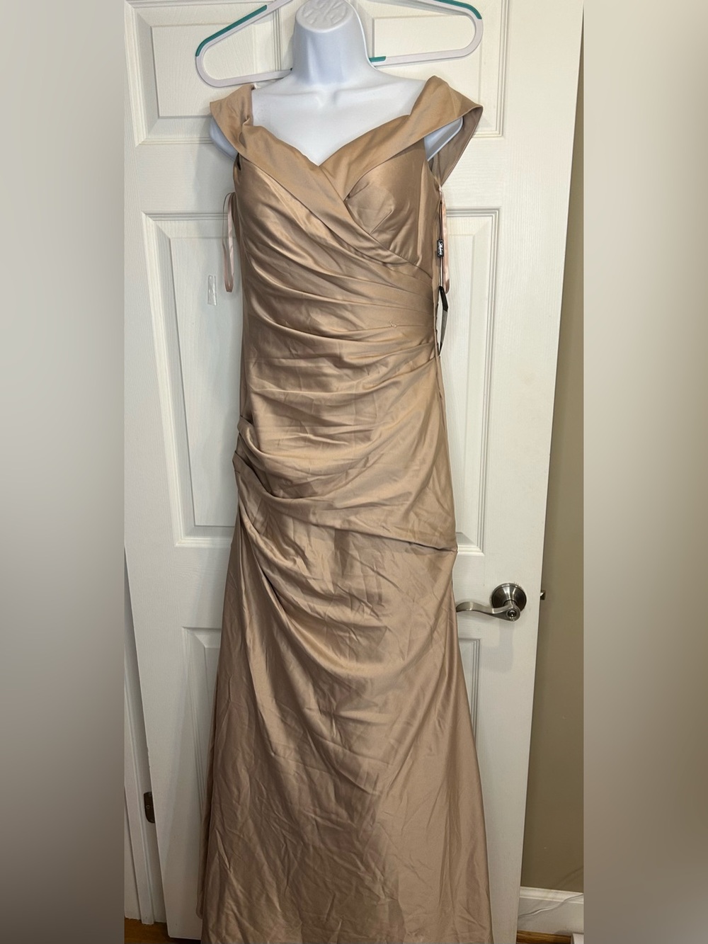 La Femme Satin Taupe Off-Shoulder Ruched Prom Gown